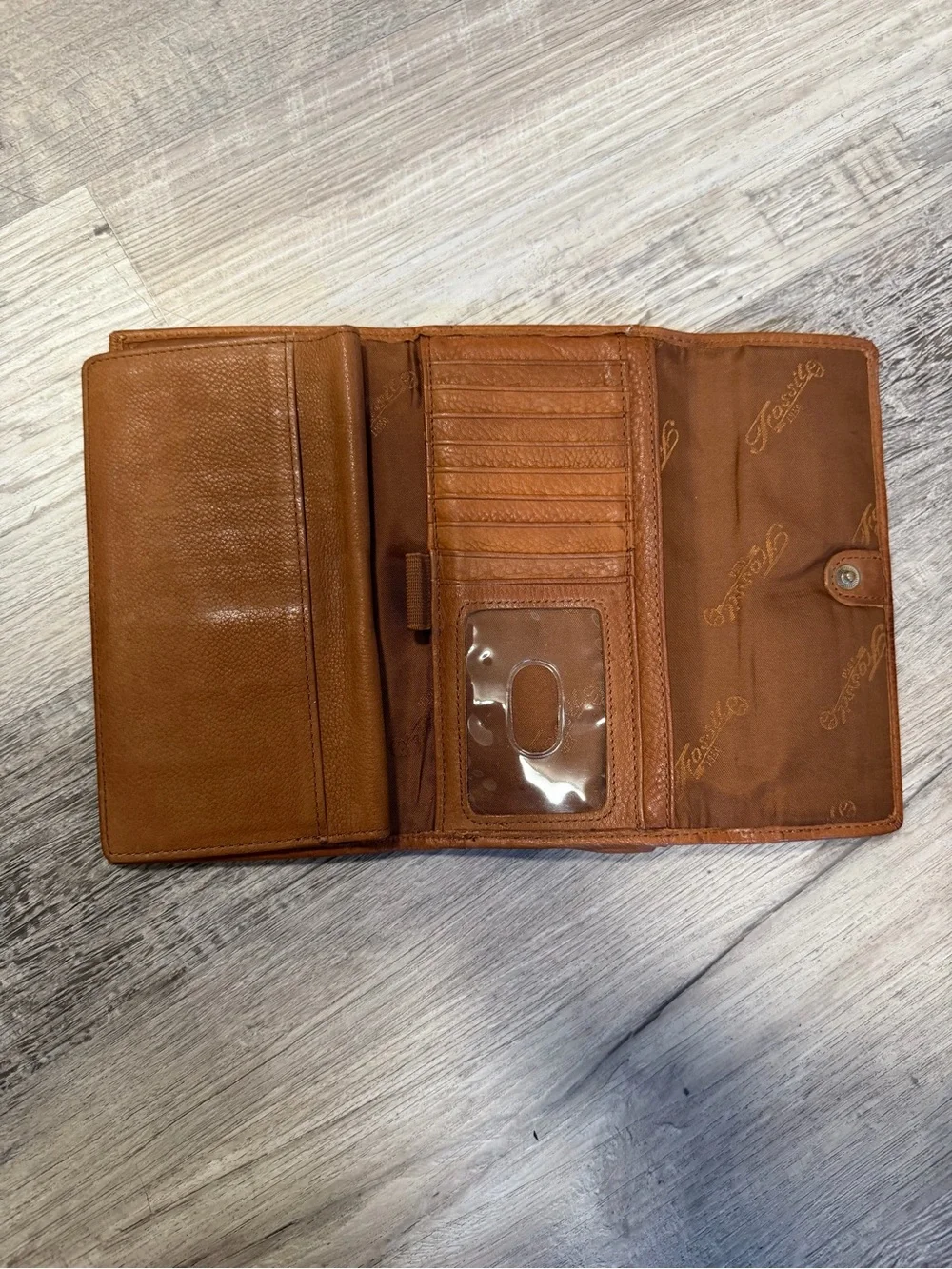 Fossil Brown Leather Trifold Pop Stitch Logo Checkbook Style Wallet